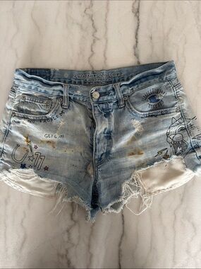 American Eagle Outfitters Light Blue Denim Distressed Graphic Cutoff Shorts
